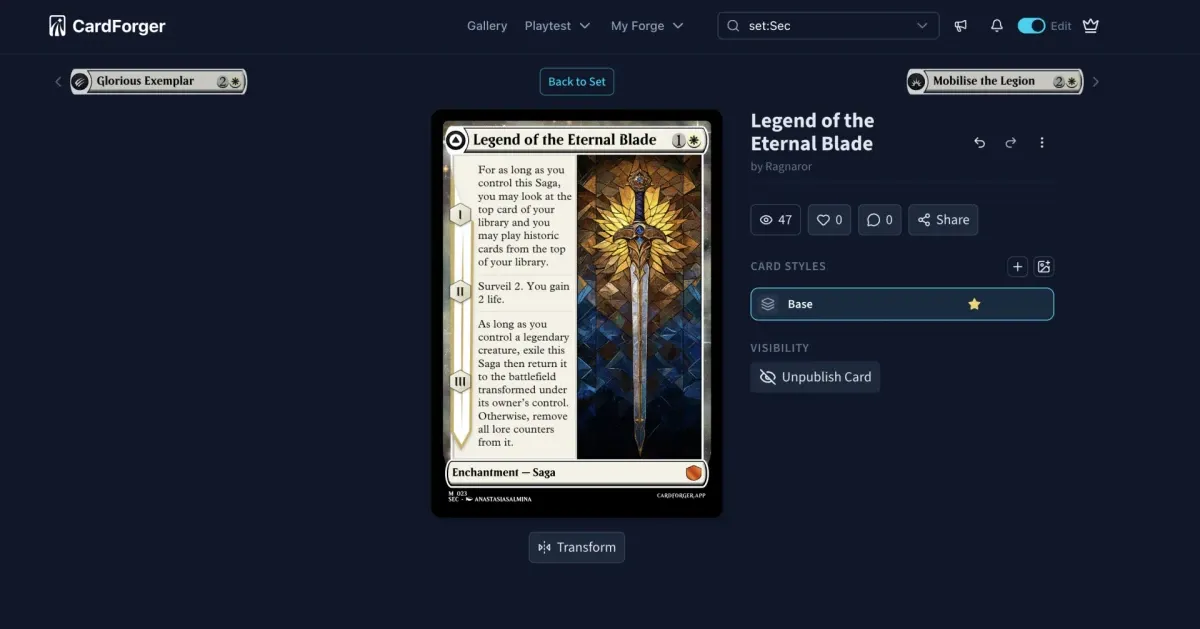 The CardForger card editor with a custom Magic: The Gathering card being edited in-place