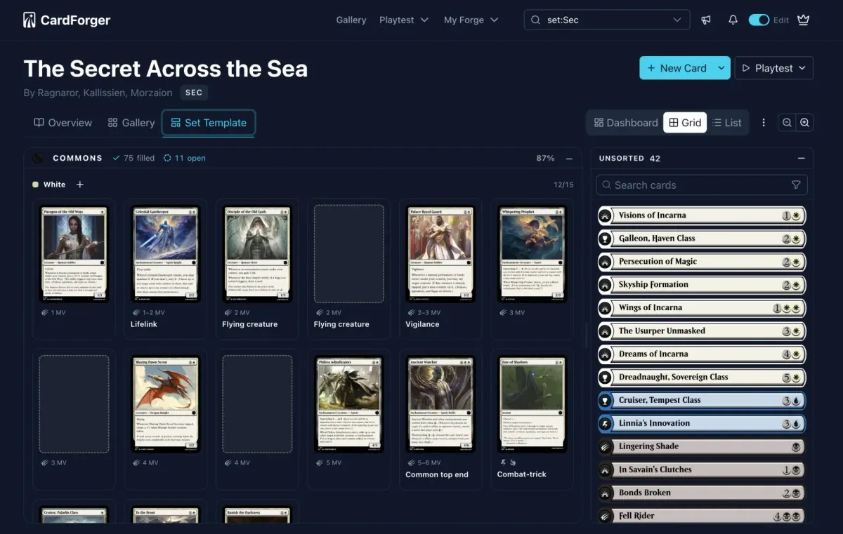 A custom MTG set overview in CardForger showing the card grid, rarities and set symbol